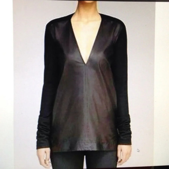 Helmut Lang Black Vneck Cow Leather & Wool Long Sleeve Tunic Top Size Small - Picture 2 of 12